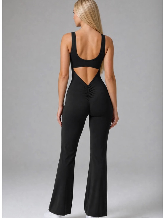 Pants - Black V Cutout Ruched Flare leg Jumpsuit Size M